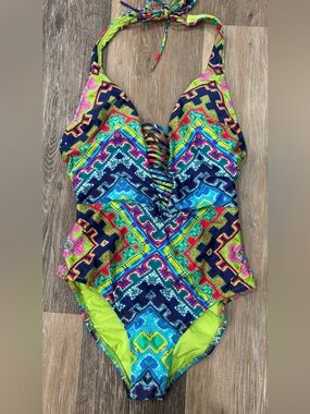 Nanette Lepore Neon Lime & Multicolor Knot-Front One-Piece